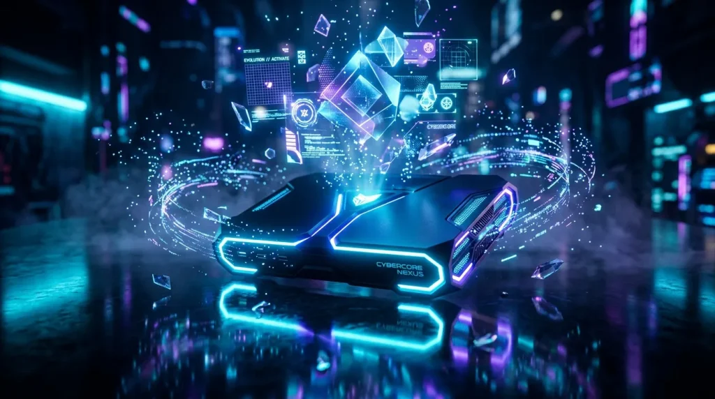 Véhicule néon haute technologie dans univers cyberpunk digital