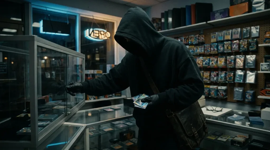 Voleur en noir dérobant des cartes dans une boutique
