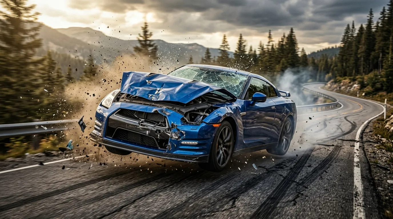 Voiture bleue écrasée contre rail de sécurité, débris volant, route sinueuse montagnes