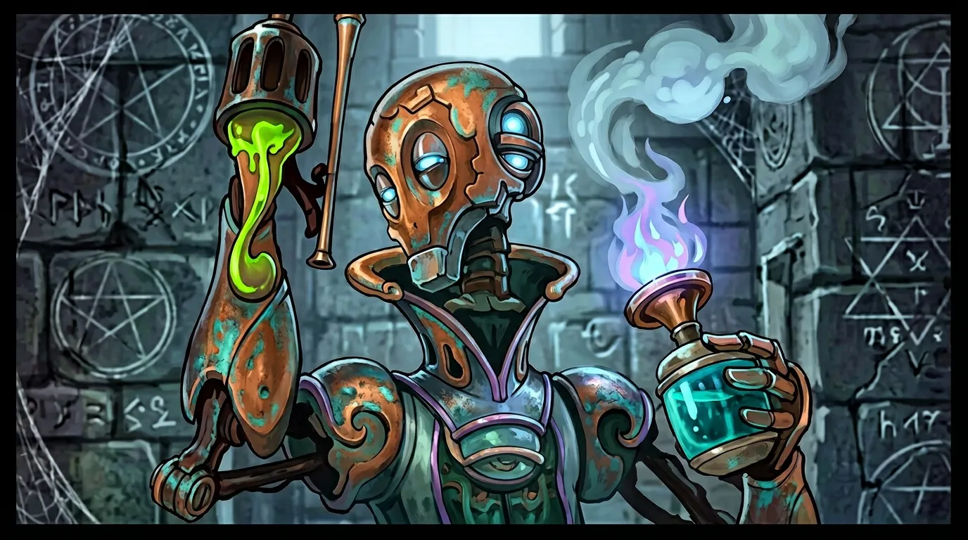 Personnage squelette steampunk tenant potions lumineuses magiques