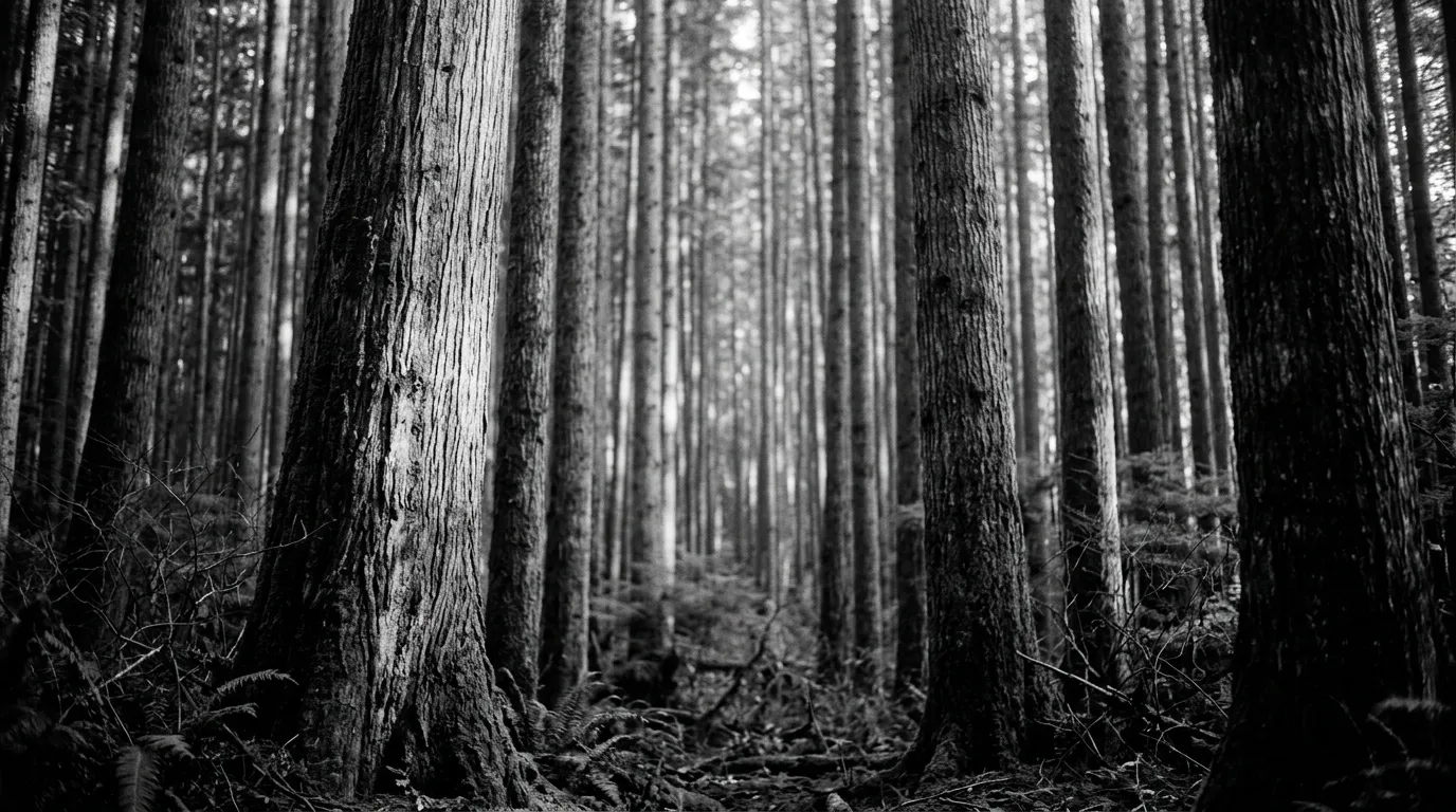 Forêt de grands arbres alignés en noir et blanc