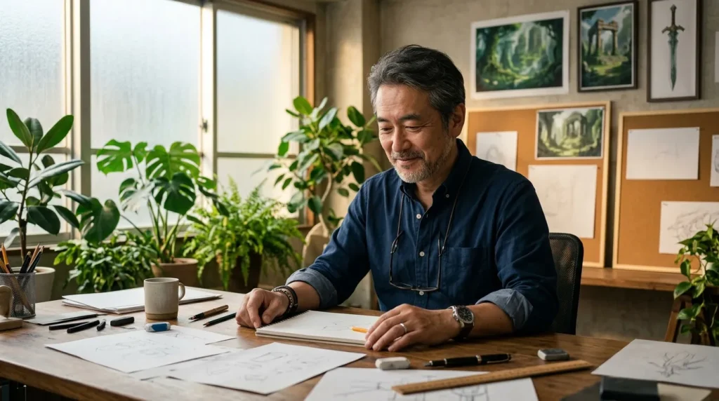 Homme en chemise bleue dessine des plans architecturaux