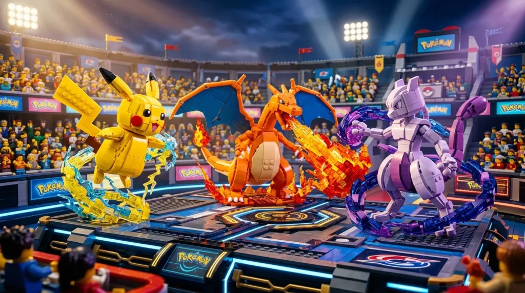 Pikachu, Dracaufeu et Mewtwo combattent dans un stade rempli.