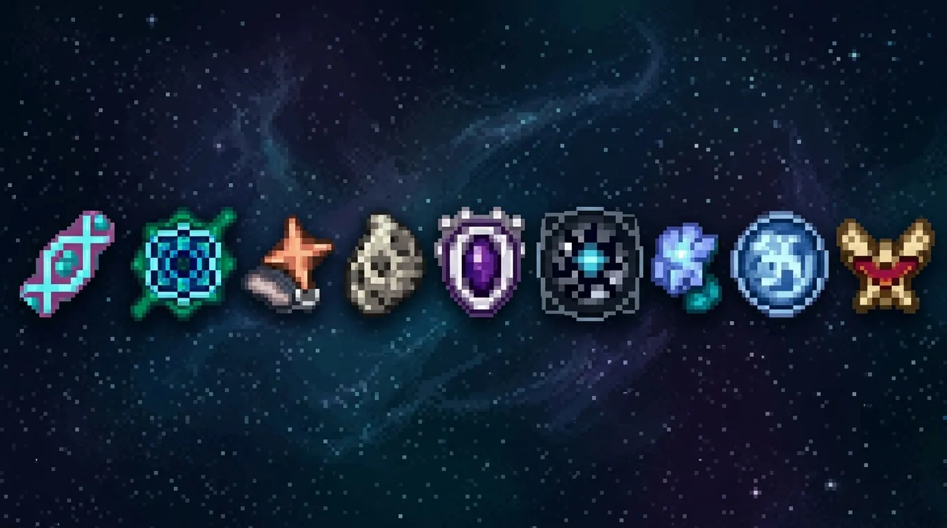 Neuf objets magiques color&eacute;s style pixel art align&eacute;s