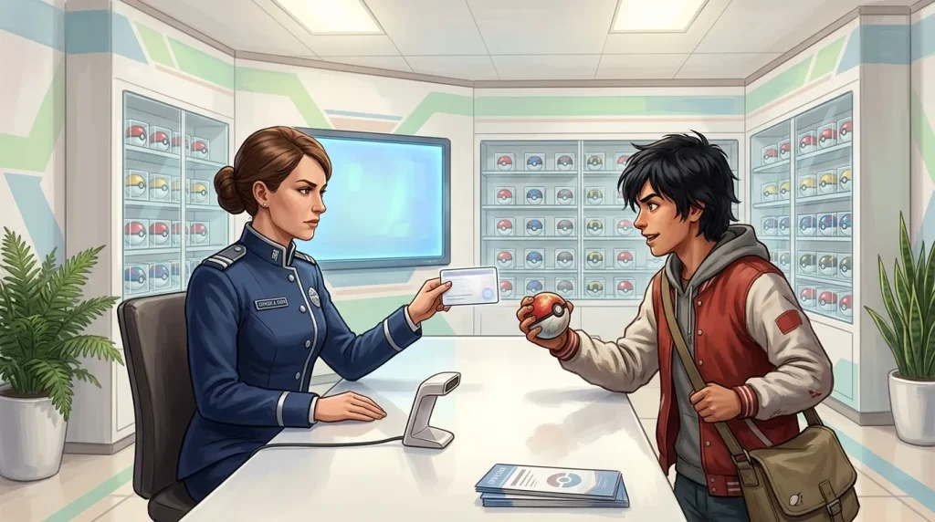 Officielle vérifie une Pokéball auprès d'un dresseur