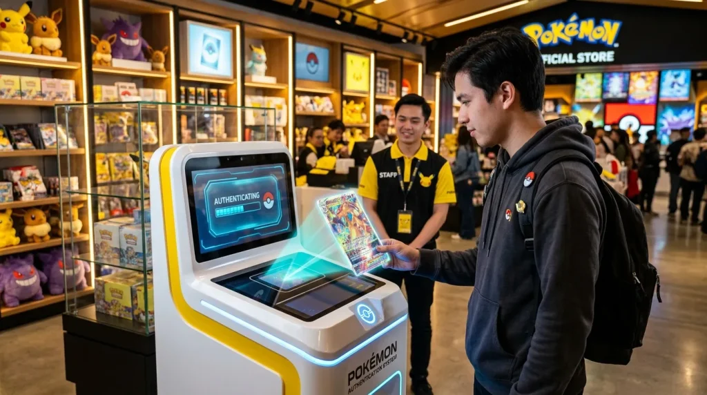 Client utilise machine authentification cartes Pokémon en boutique
