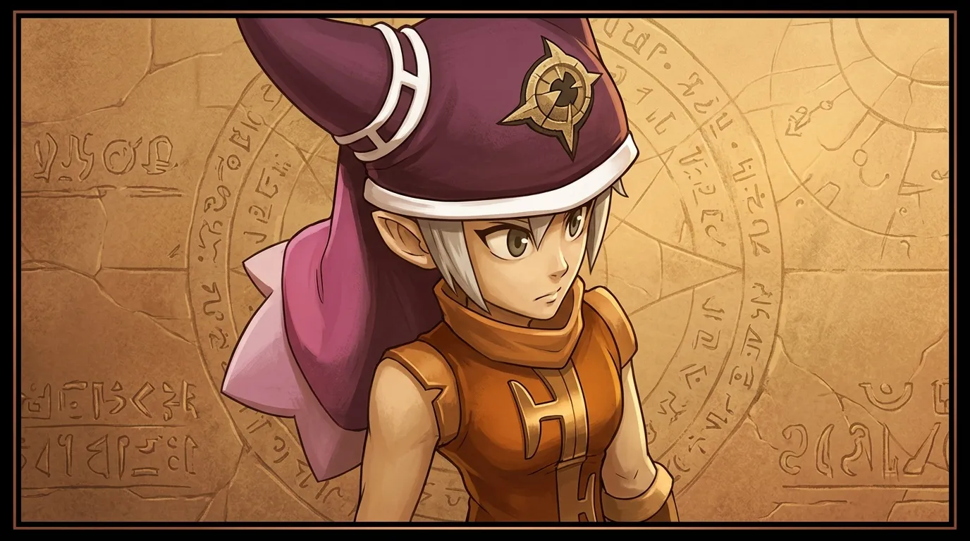 Jeune femme anime avec chapeau marron, tenue orange, fond égyptien