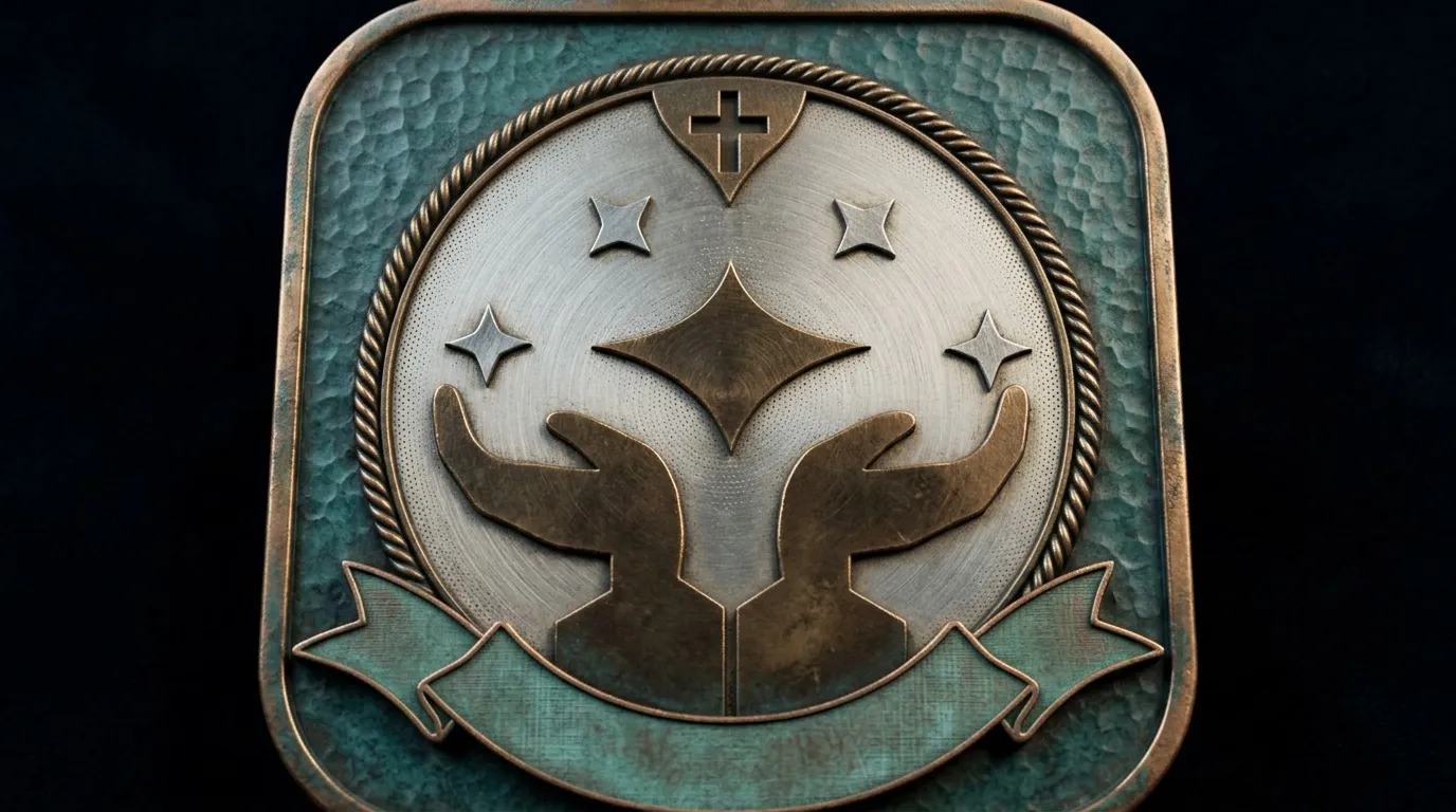 Médaillon bronze avec croix, mains et étoiles stylisées