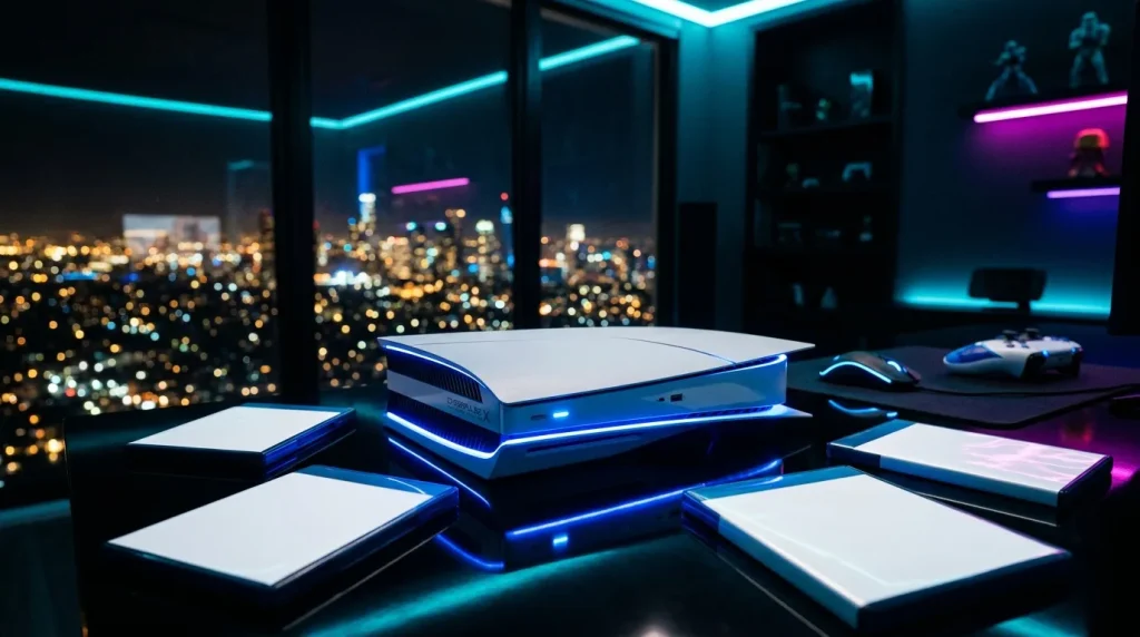 Bureau moderne avec néons bleus, vue ville illuminée nuit