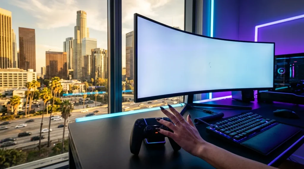 Gamer utilisant une manette devant écran incurvé, vue citadine