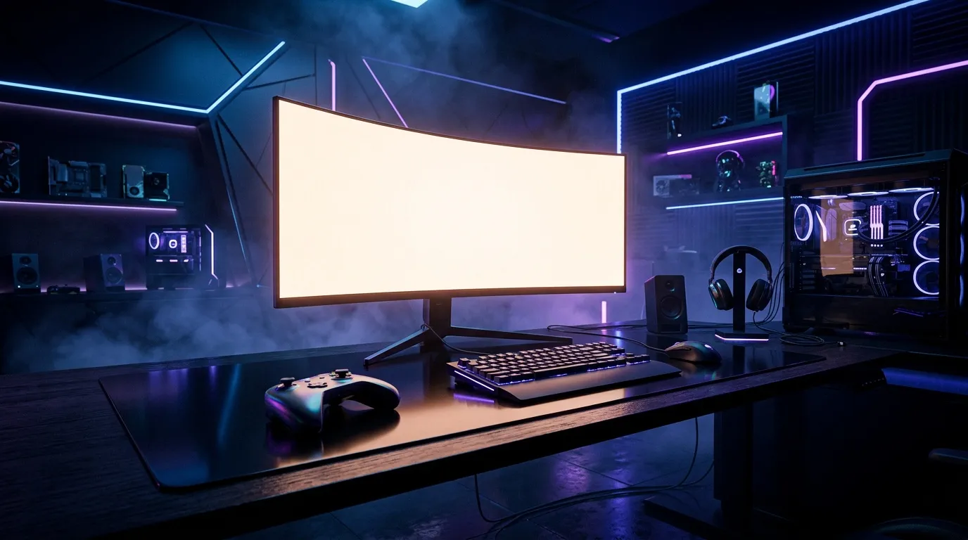 Setup gaming avec écran blanc, clavier, souris et PC RGB