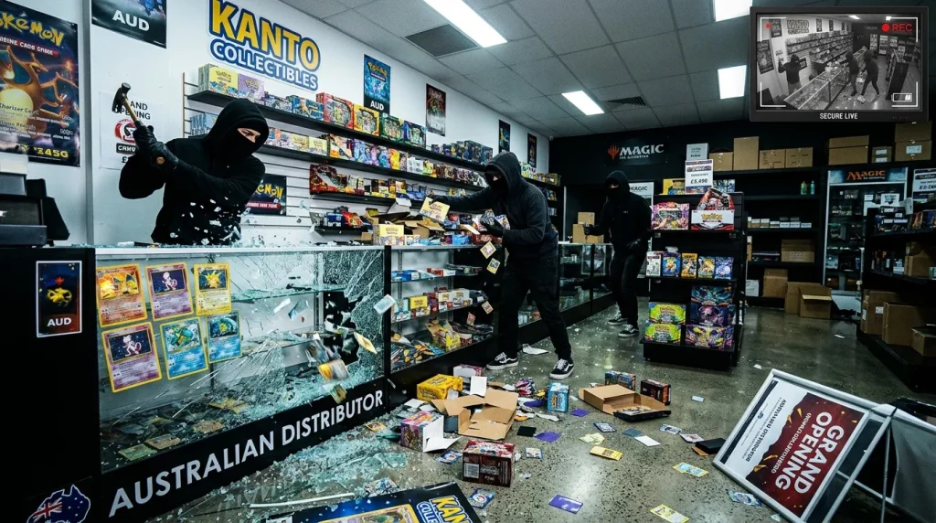 Trois personnes en noir pillent une magasin de cartes Pokémon