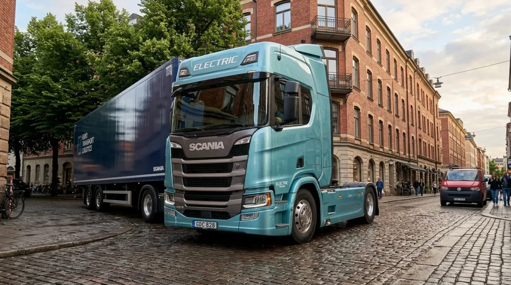 Camion Scania électrique bleu turquoise circulant en centre-ville