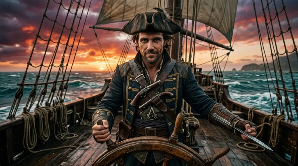 Pirate commandant un navire au coucher de soleil