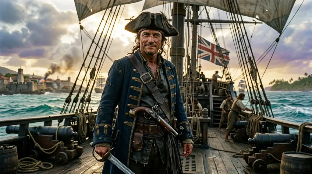 Pirate en costume bleu commandant un voilier en mer
