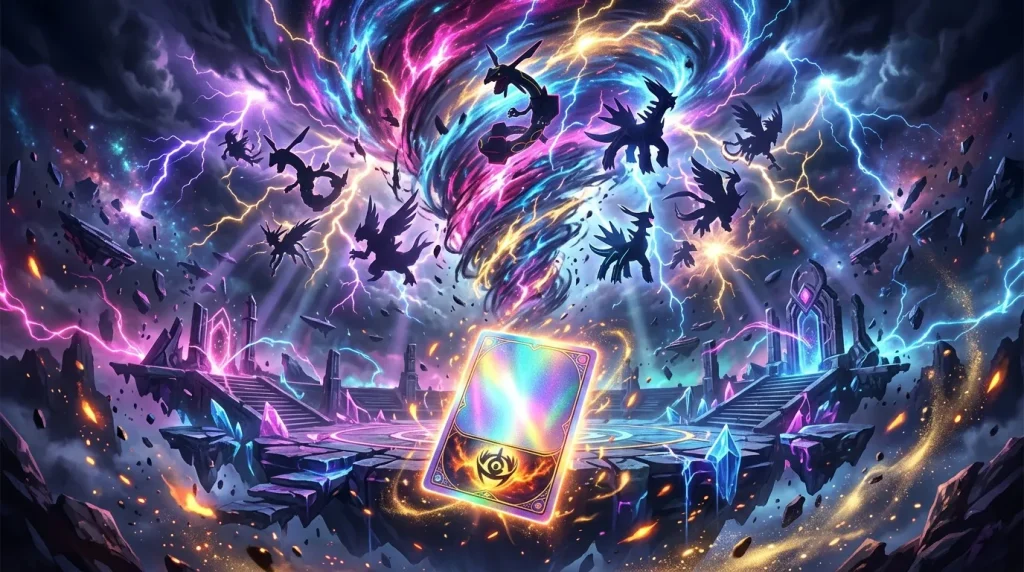 Carte brillante entourée de créatures et d'éclairs colorés