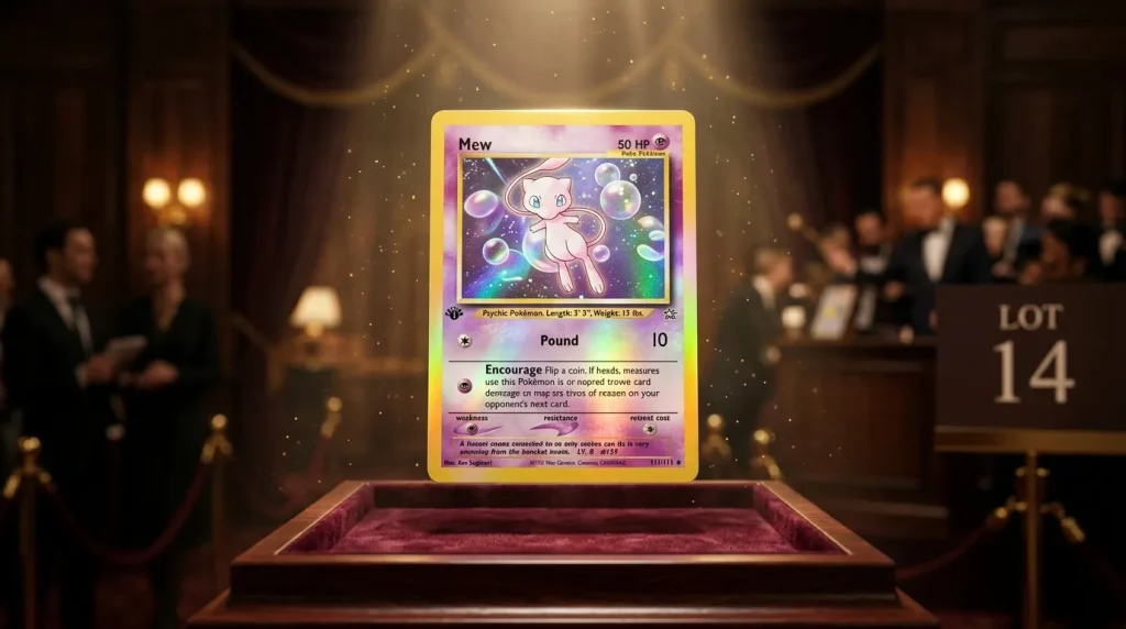 Carte Pokémon Mew rare exposée sur socle d'enchère