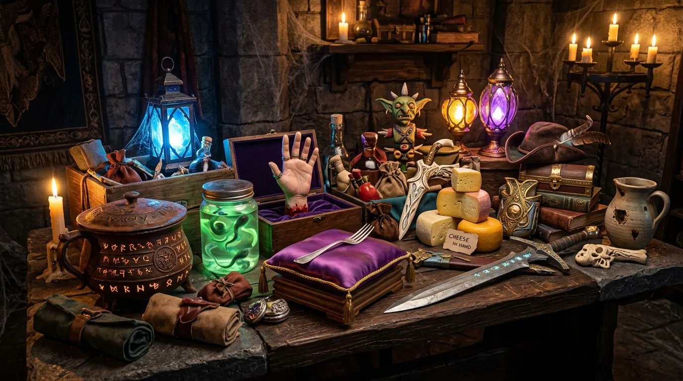 Table de sorcier avec potions, grimoires, chandelles et objets magiques
