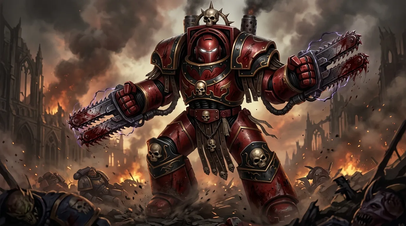 Géant guerrier en armure rouge brandissant deux chainsaws monstrueux