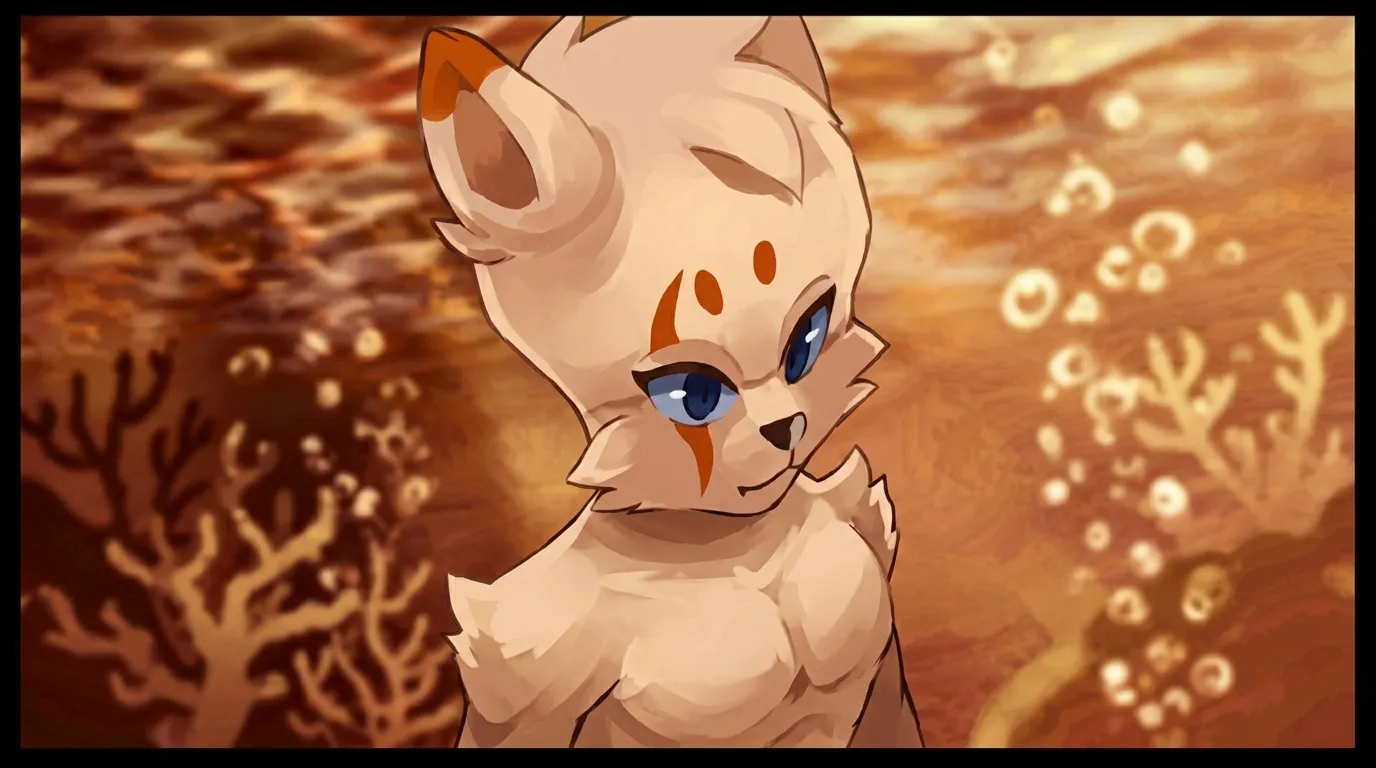 Personnage félin blanc avec markings roux et yeux bleus