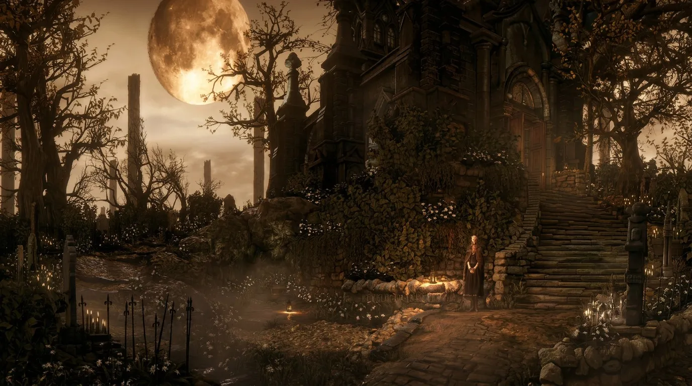 Château gothique illuminé par grande lune nocturne