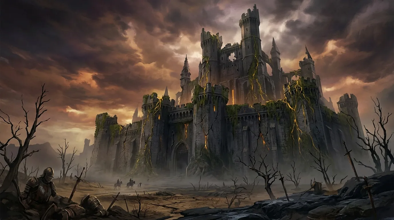 Forteresse médiévale en ruines entourée de brouillard et arbres morts
