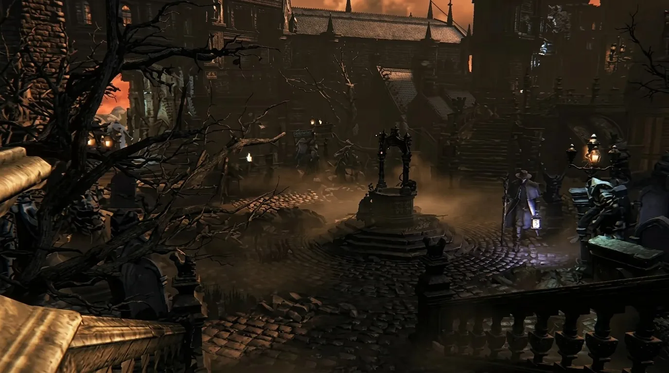 Place médiévale sombre avec brouillard et statues éclairées