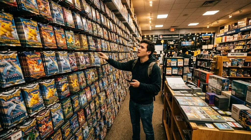 Homme consultant des cartes Pokémon en magasin spécialisé