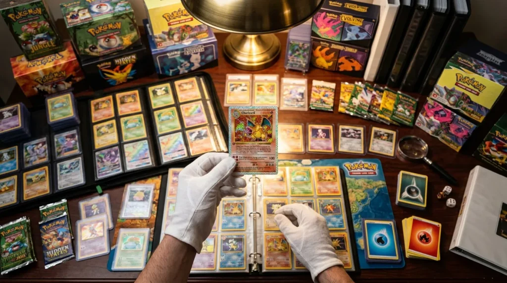 Collecteur examine une carte Pokémon rare avec gants blancs
