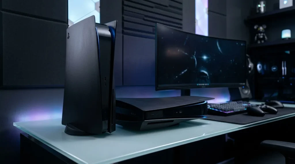 Bureau gaming moderne avec tour PC, écran et périphériques