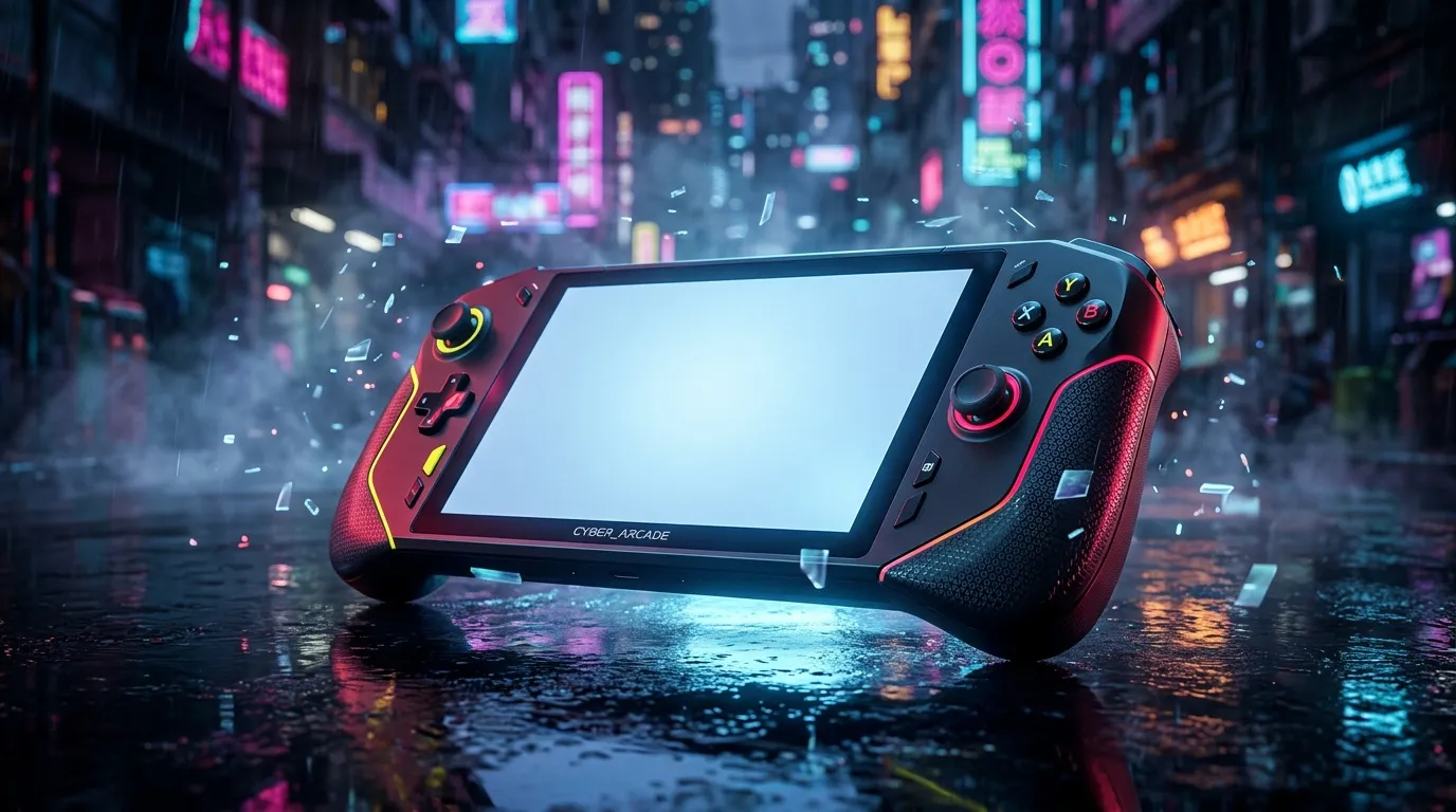 Console de jeu portable rouge dans une ville cyberpunk neon