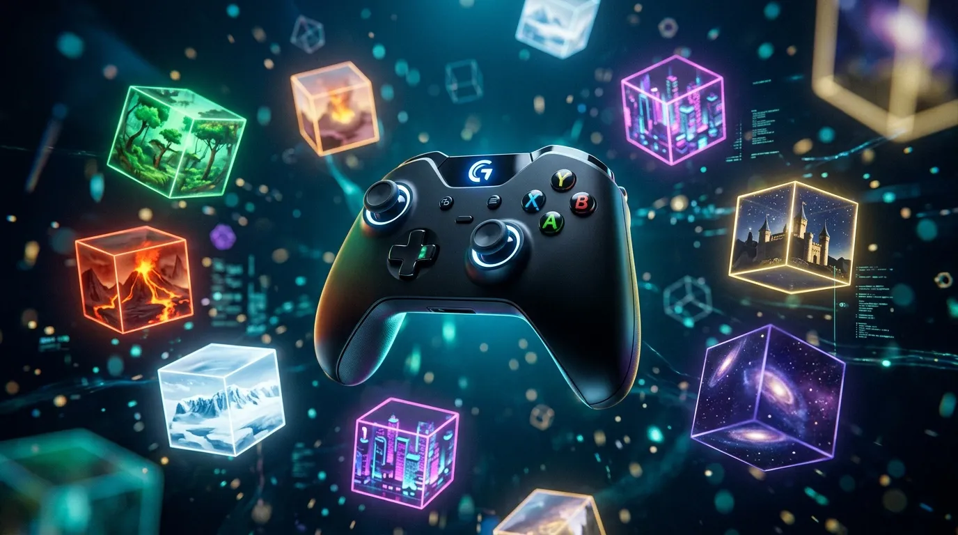 Manette gaming entourée de cubes lumineux colorés