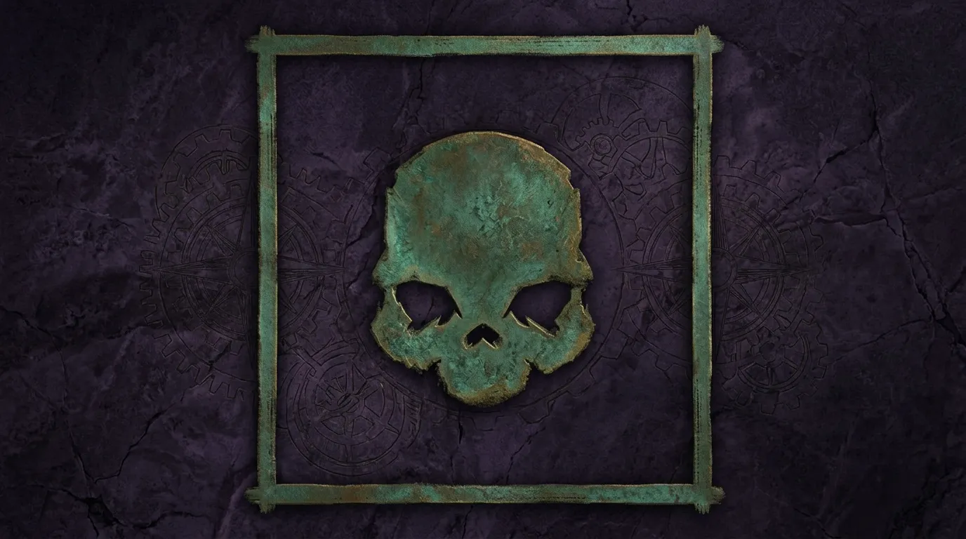 Crâne vert patine bronze cadre métal fond sombre