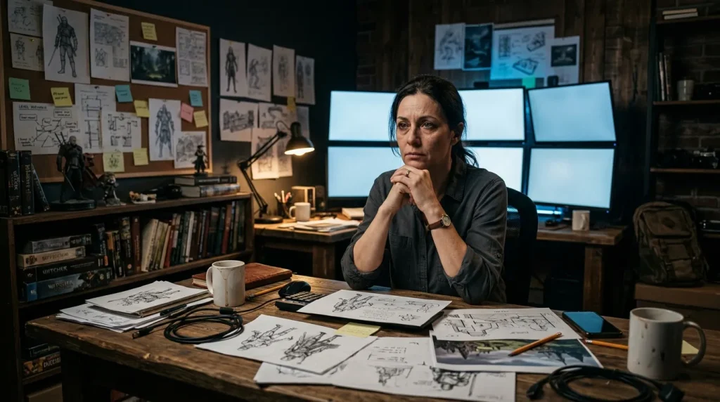 Femme artiste réfléchit devant ses esquisses et dessins