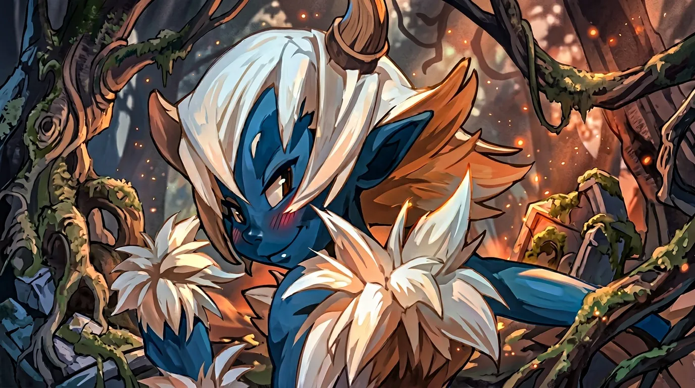 Créature bleue et blanche dans une forêt de vieux arbres