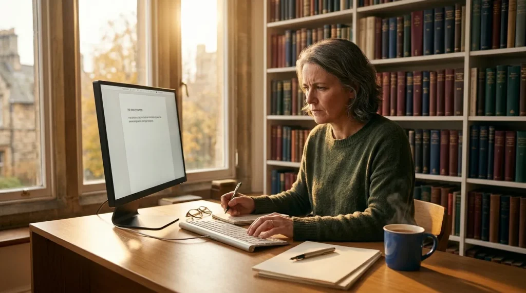 Femme écrivant à son bureau face à un ordinateur, entourée de livres
