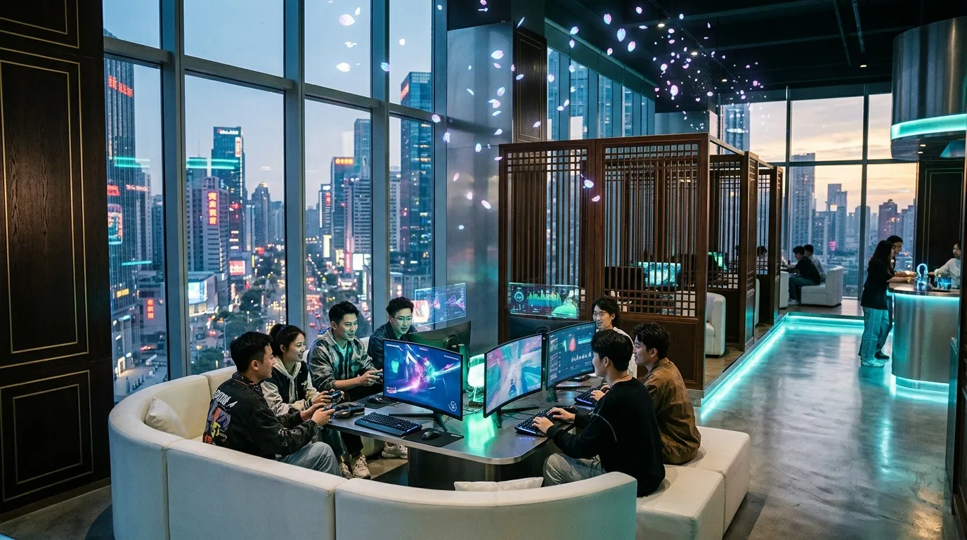 Jeunes joueurs dans cybercafé moderne avec gratte-ciel illuminés