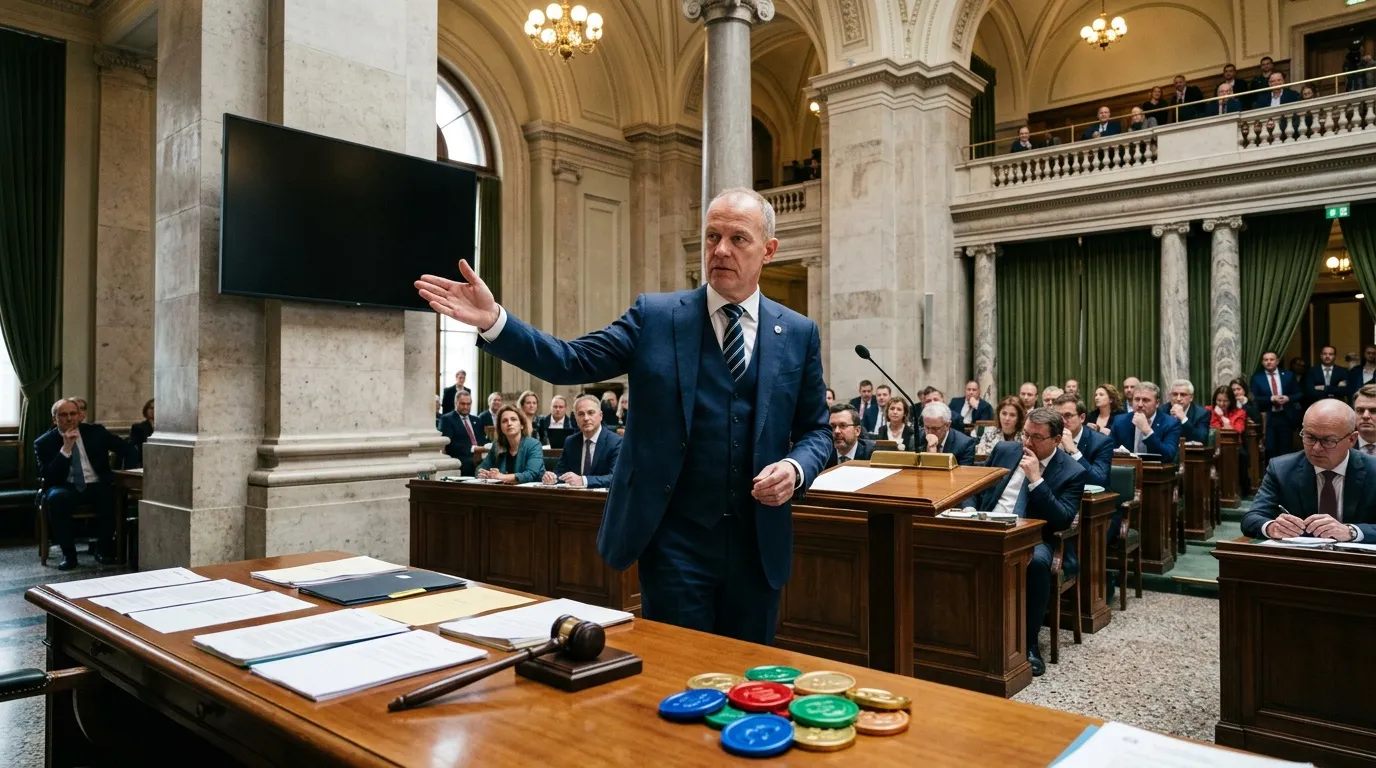 Orateur en costume bleu s'adresse à l'assemblée législative
