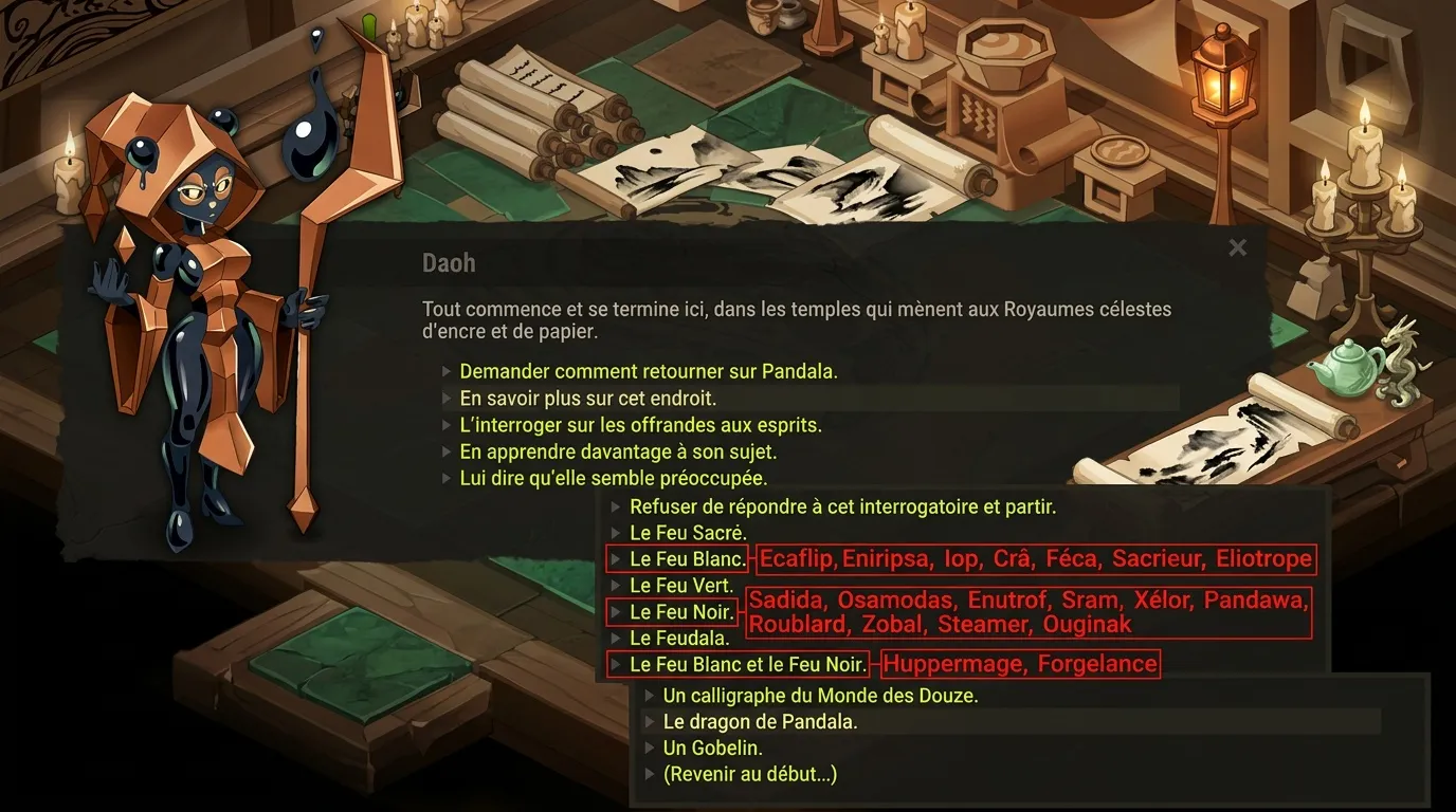 Écran de jeu montrant options dialogue personnage Daoh temples