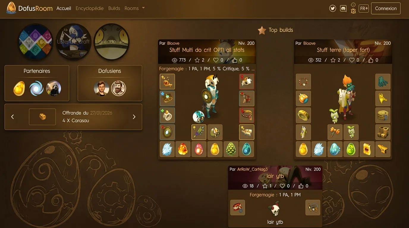 Interface affichant trois builds de personnages Dofus classés par popularité