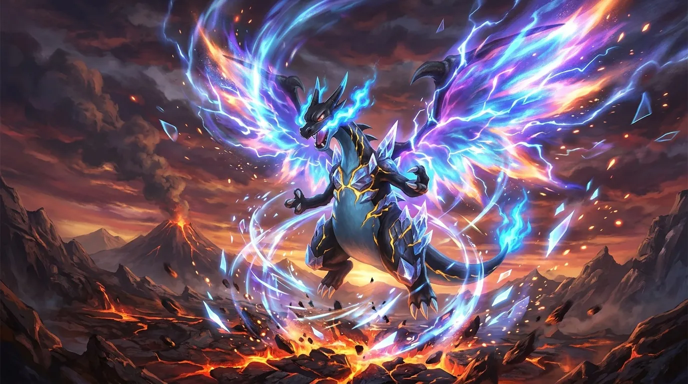 Créature dragon bleu entourée d'éclairs multicolores et de lave