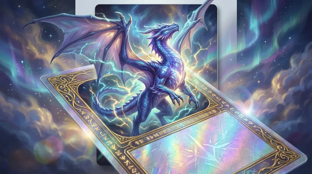 Dragon bleu électrique émergeant d'une carte dorée enchantée