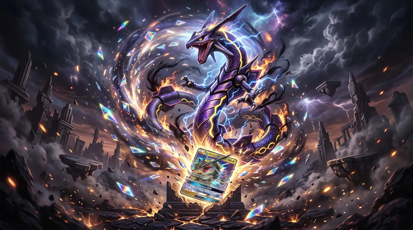 Carte Pokémon dragon violet avec électricité et flammes.