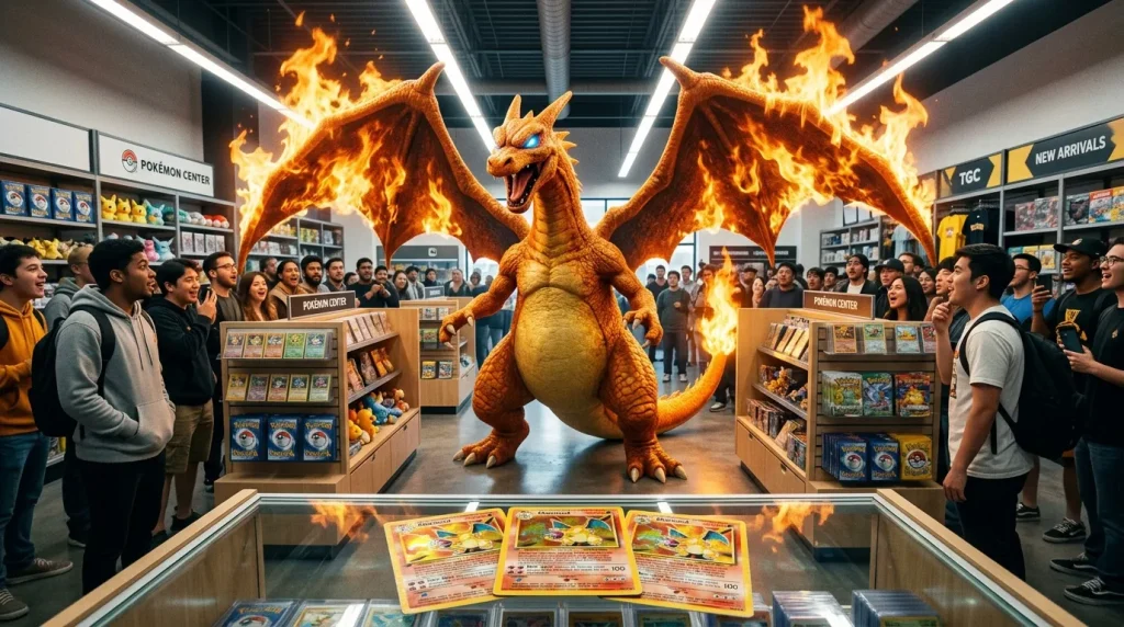 Dragonite enflammé dans un centre Pokémon bondé