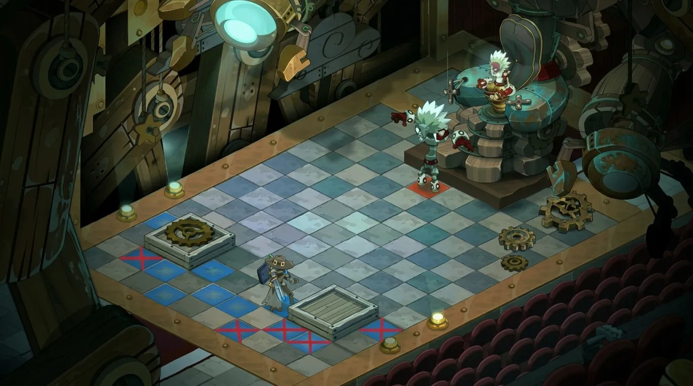 Deux personnages s'affrontent sur un plateau de jeu steampunk
