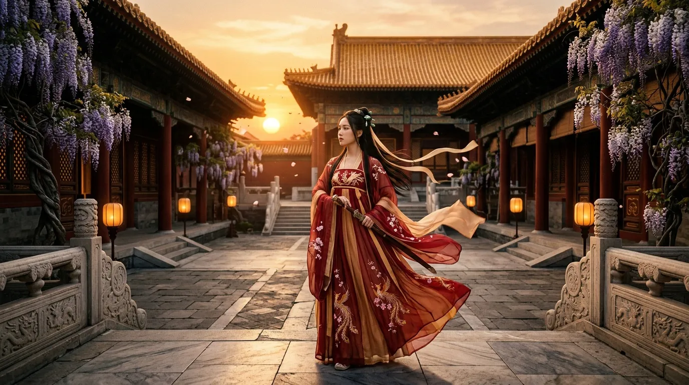 Femme en robe traditionnelle chinoise rouge dansant au coucher de soleil