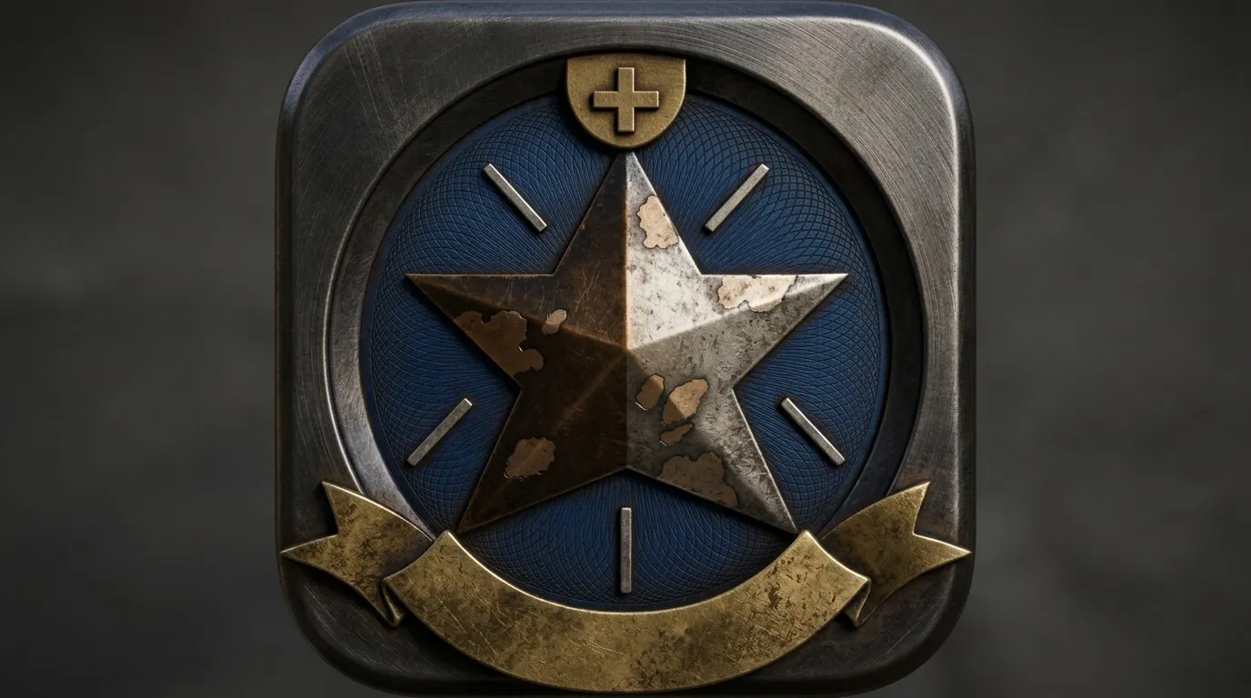 Badge métallique avec étoile, croix et banneau dorés
