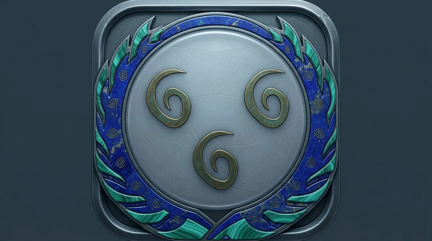 Symbole circulaire orné de trois spirales dorées et turquoise