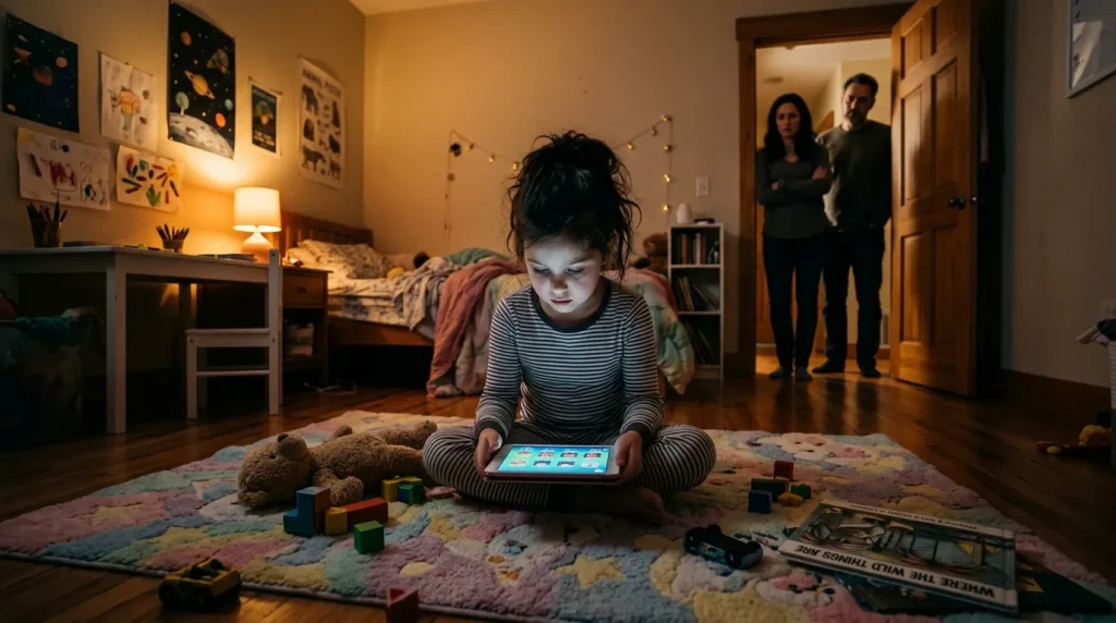 Petite fille jouant sur tablette dans sa chambre