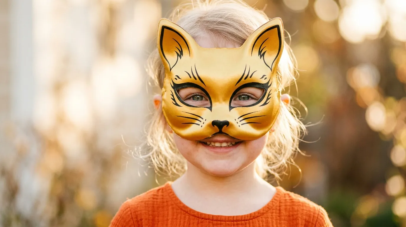 Petite fille souriante portant un masque félin jaune doré